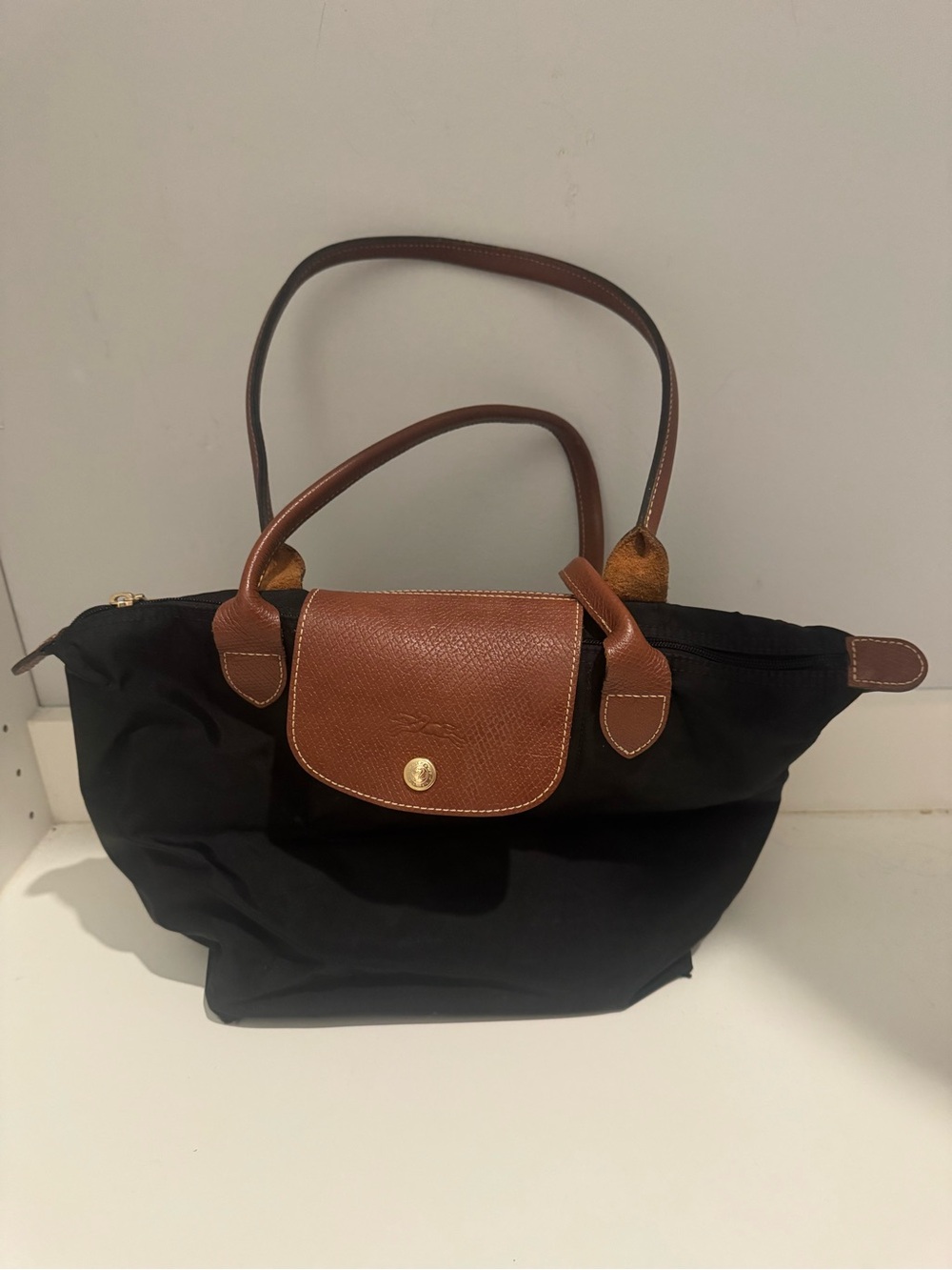 Longchamp Black Nylon Tote with Brown Leather Trim